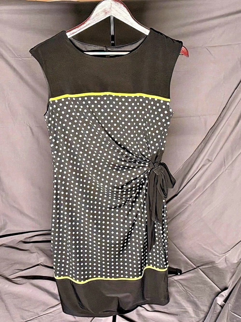 R&K Originals Polka Dot Sheath Dress with Yellow Trim & Side Tie (Medium)